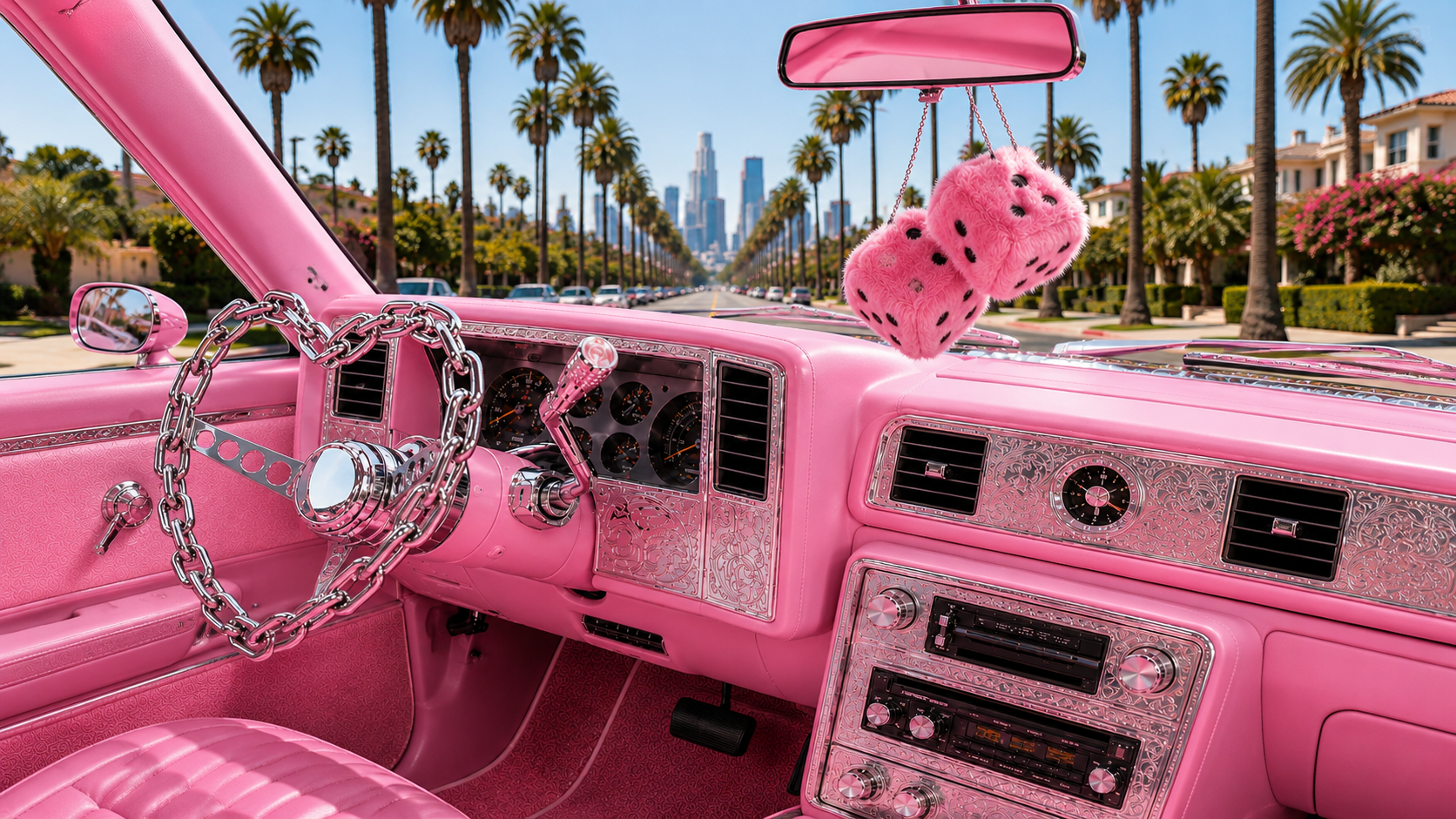 Pink lowrider at California sunset